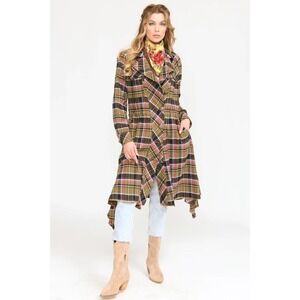 Aratta Silent Journey Trench Coat Coco Plaid Owl Brooch Brown Pink Size M